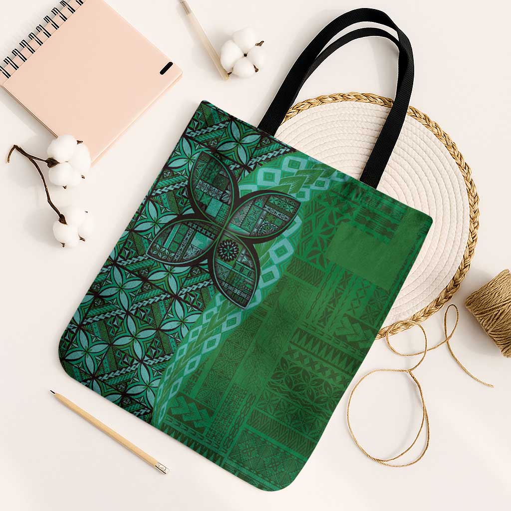 Samoan Pacific Tribal Flower Geometric Art Tattoos Tote Bag Siapo Pattern Emerald Glow - Polynesian Pride