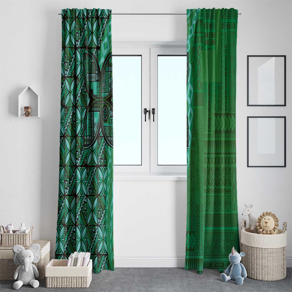 Samoan Pacific Tribal Flower Geometric Art Tattoos Window Curtain Siapo Pattern Emerald Glow - Polynesian Pride
