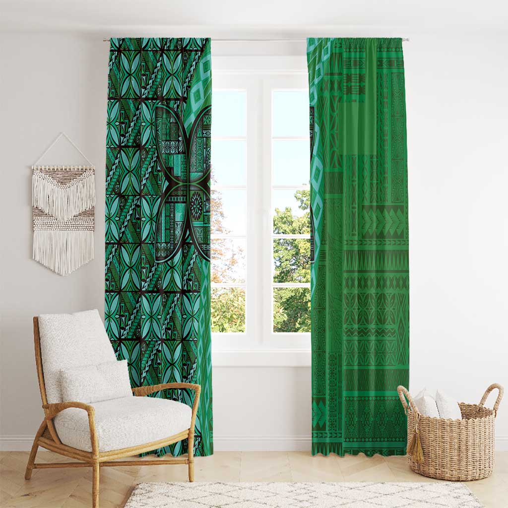 Samoan Pacific Tribal Flower Geometric Art Tattoos Window Curtain Siapo Pattern Emerald Glow - Polynesian Pride