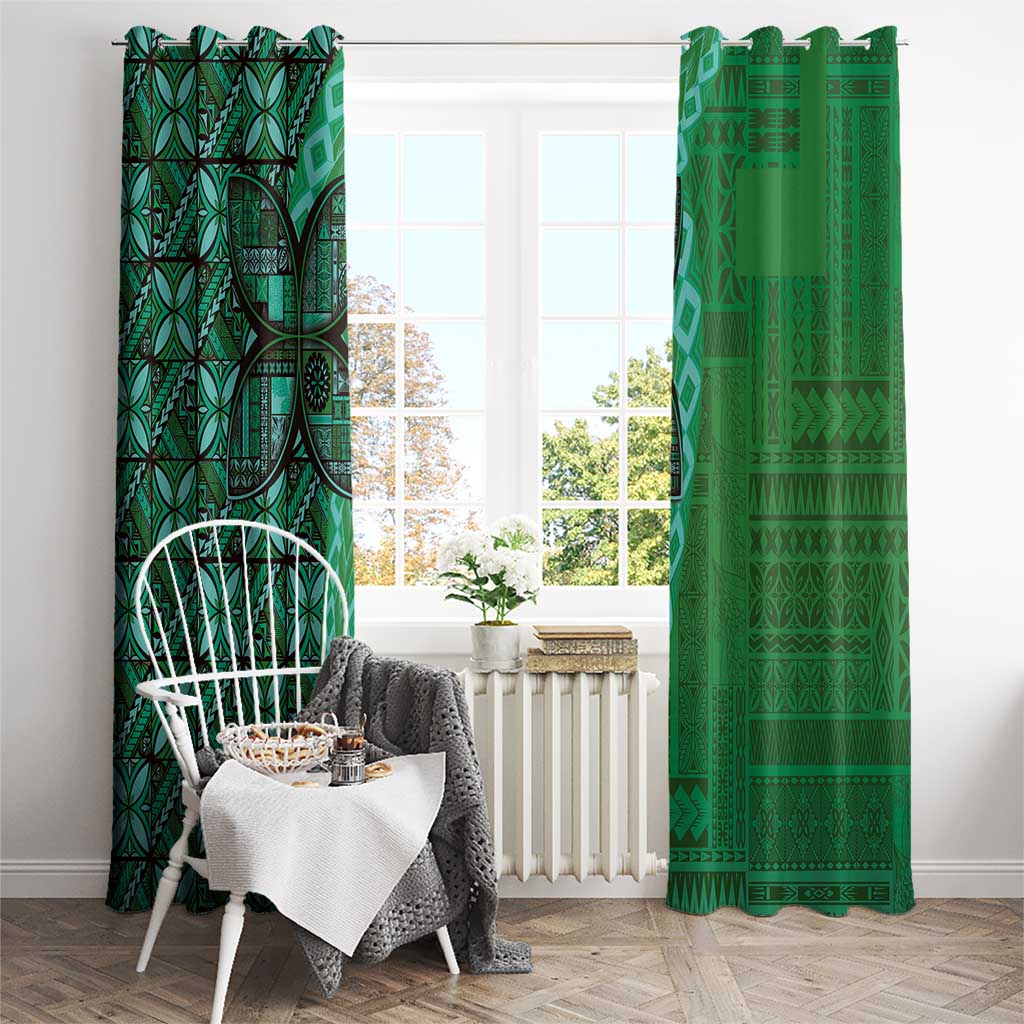 Samoan Pacific Tribal Flower Geometric Art Tattoos Window Curtain Siapo Pattern Emerald Glow - Polynesian Pride