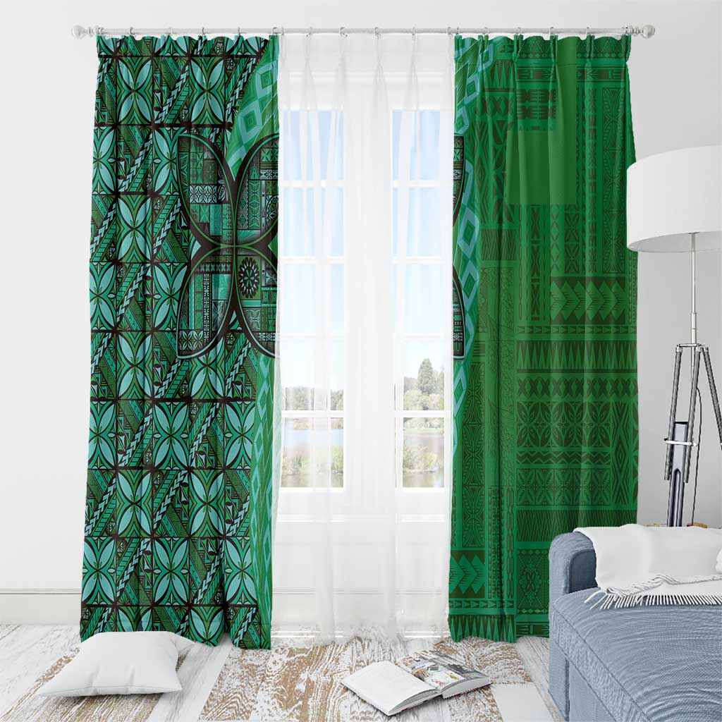 Samoan Pacific Tribal Flower Geometric Art Tattoos Window Curtain Siapo Pattern Emerald Glow - Polynesian Pride
