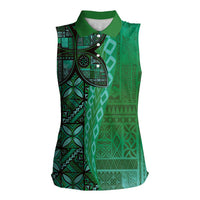 Samoan Pacific Tribal Flower Geometric Art Tattoos Women Sleeveless Polo Shirt Siapo Pattern Emerald Glow LT03 Female Green - Polynesian Pride