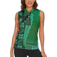 Samoan Pacific Tribal Flower Geometric Art Tattoos Women Sleeveless Polo Shirt Siapo Pattern Emerald Glow LT03 - Polynesian Pride
