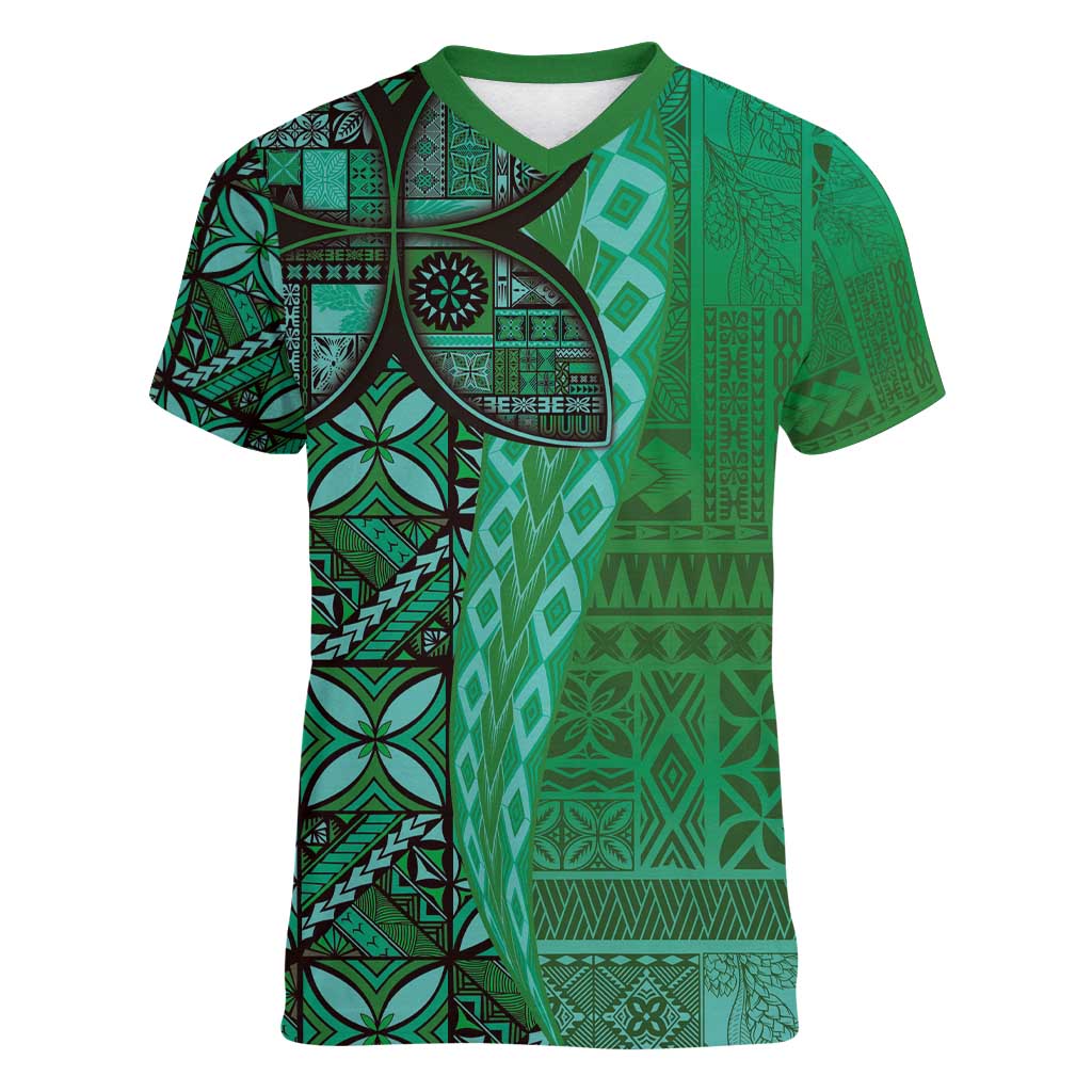 Samoan Pacific Tribal Flower Geometric Art Tattoos Women V-Neck T-Shirt Siapo Pattern Emerald Glow LT03 Female Green - Polynesian Pride