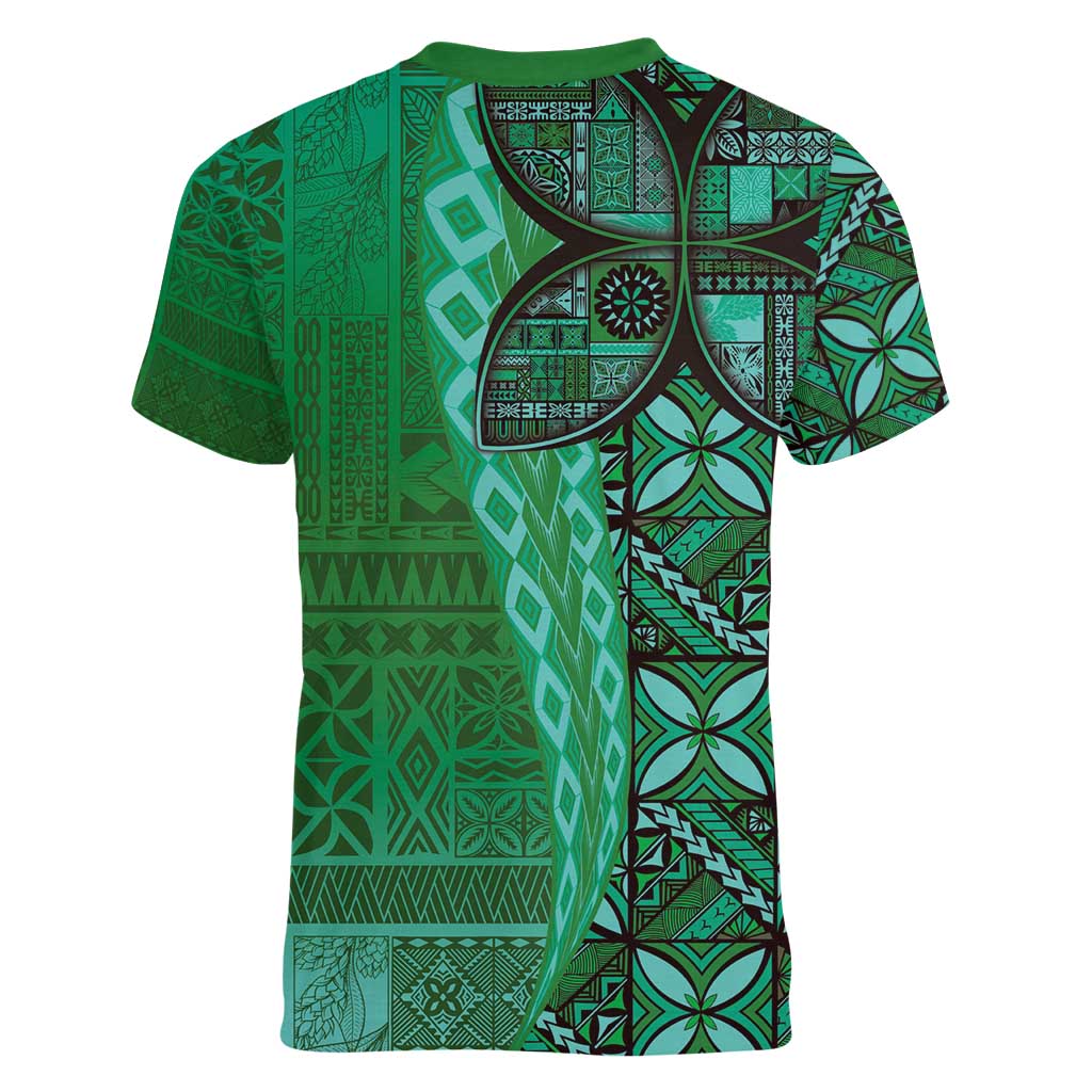 Samoan Pacific Tribal Flower Geometric Art Tattoos Women V-Neck T-Shirt Siapo Pattern Emerald Glow LT03 - Polynesian Pride