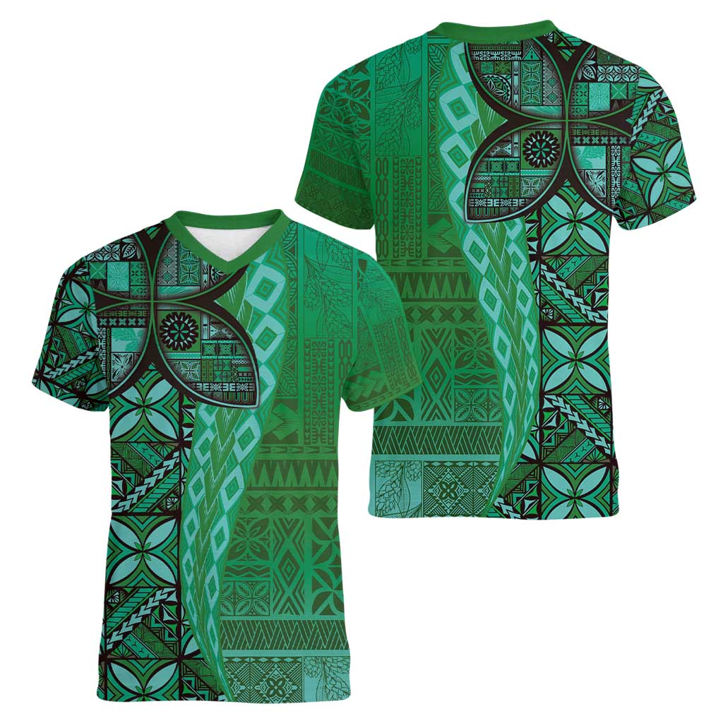 Samoan Pacific Tribal Flower Geometric Art Tattoos Women V-Neck T-Shirt Siapo Pattern Emerald Glow LT03 - Polynesian Pride