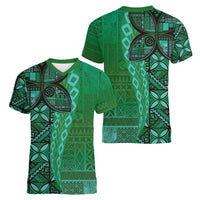 Samoan Pacific Tribal Flower Geometric Art Tattoos Women V-Neck T-Shirt Siapo Pattern Emerald Glow LT03 - Polynesian Pride