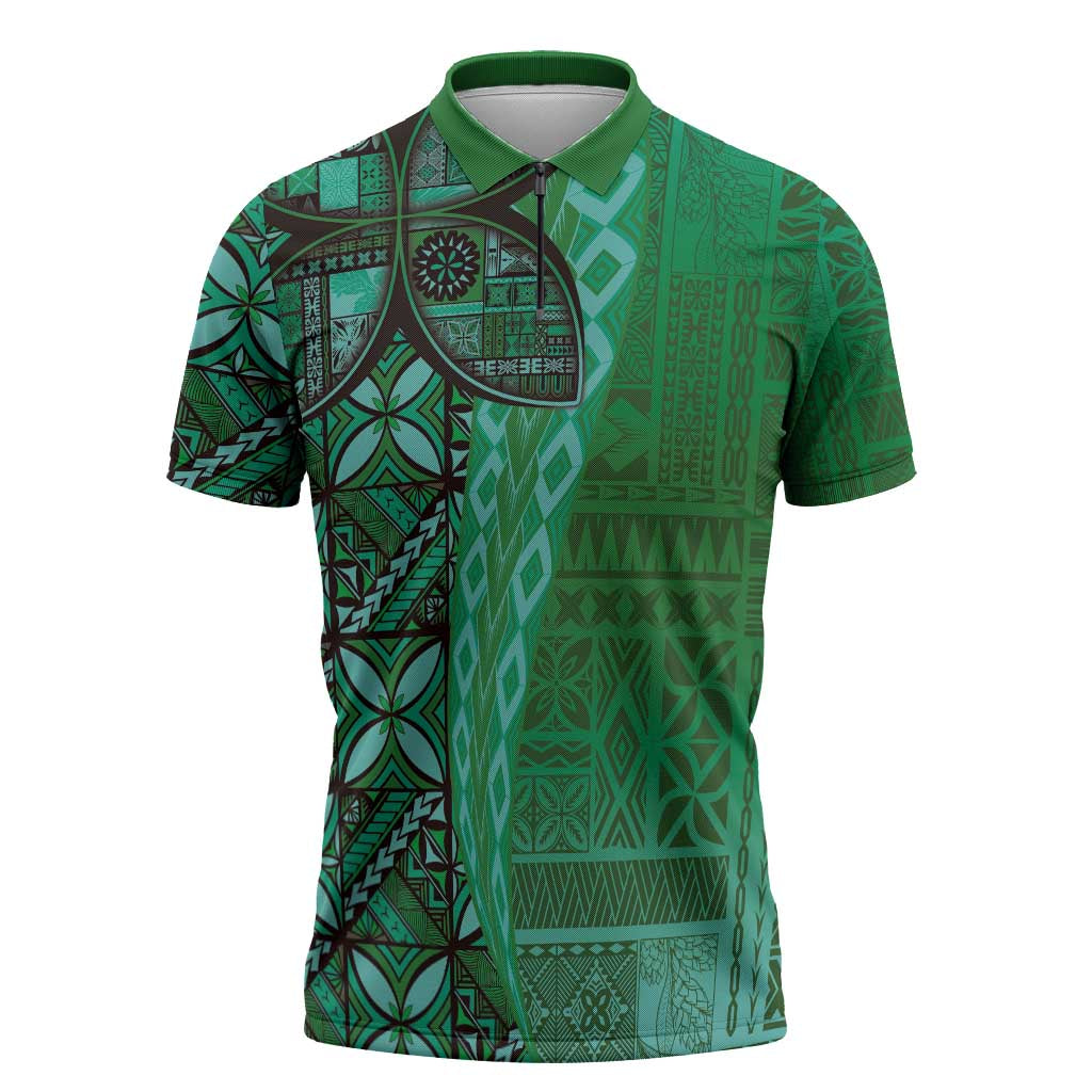 Samoan Pacific Tribal Flower Geometric Art Tattoos Zipper Polo Shirt Siapo Pattern Emerald Glow LT03 Green - Polynesian Pride