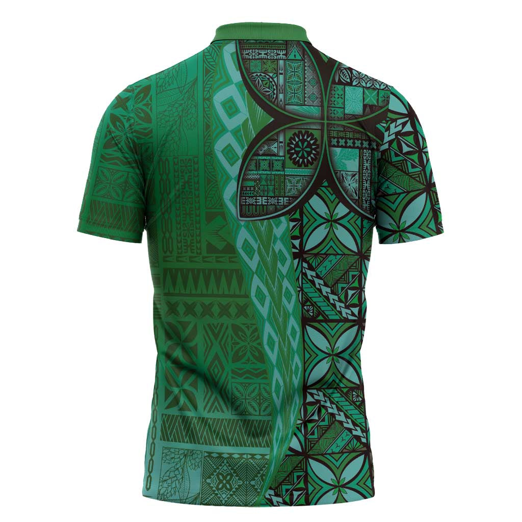 Samoan Pacific Tribal Flower Geometric Art Tattoos Zipper Polo Shirt Siapo Pattern Emerald Glow LT03 - Polynesian Pride