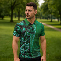 Samoan Pacific Tribal Flower Geometric Art Tattoos Zipper Polo Shirt Siapo Pattern Emerald Glow LT03 - Polynesian Pride