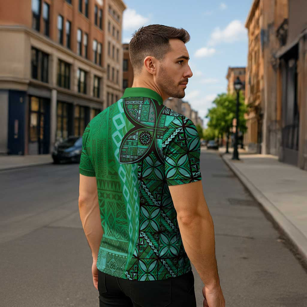 Samoan Pacific Tribal Flower Geometric Art Tattoos Zipper Polo Shirt Siapo Pattern Emerald Glow LT03 - Polynesian Pride