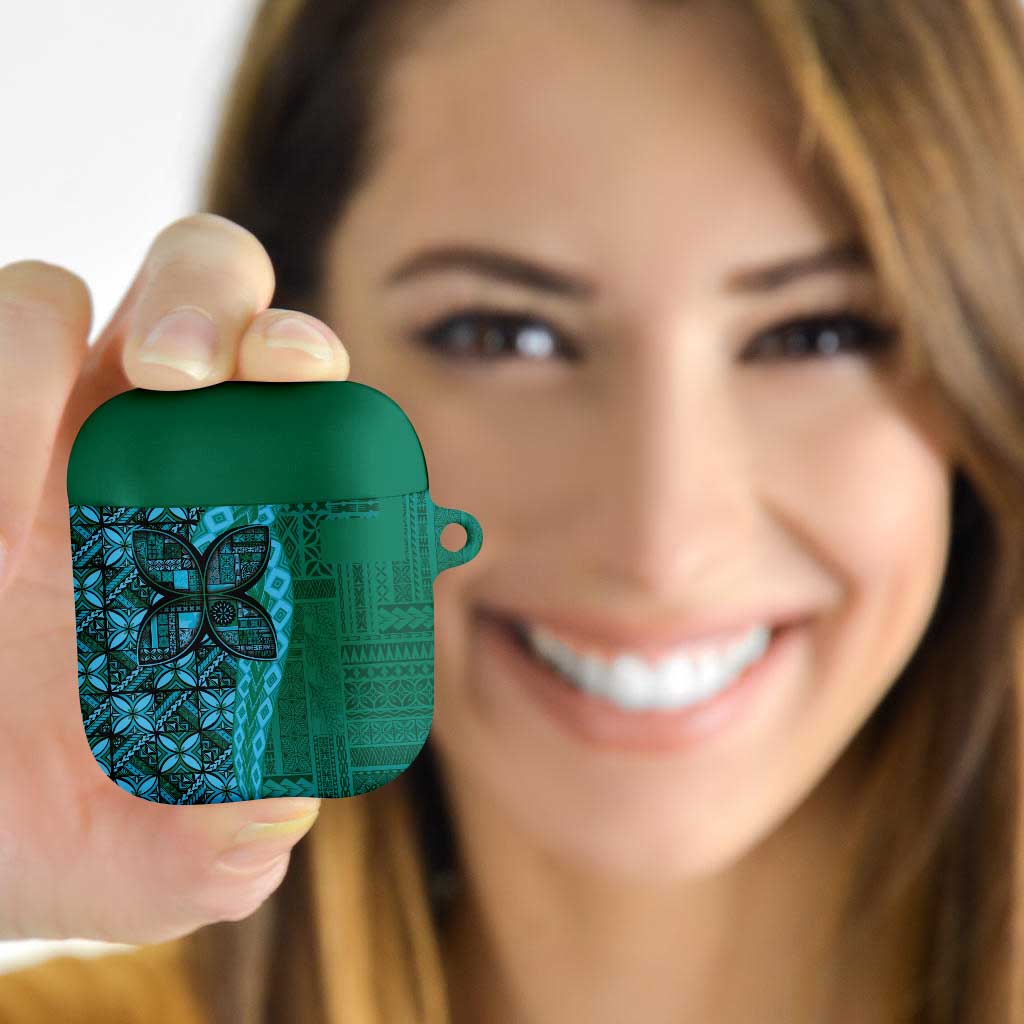 Samoan Pacific Tribal Flower Geometric Art Tattoos AirPods Case Siapo Pattern Turquoise Tide - Polynesian Pride