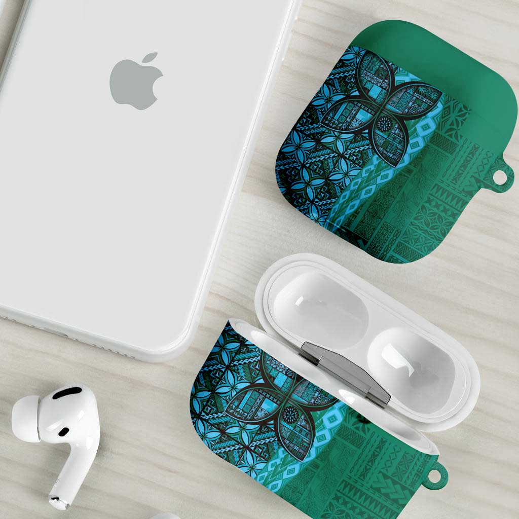 Samoan Pacific Tribal Flower Geometric Art Tattoos AirPods Case Siapo Pattern Turquoise Tide - Polynesian Pride