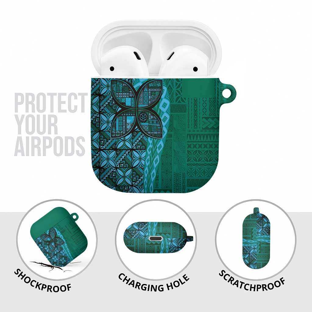 Samoan Pacific Tribal Flower Geometric Art Tattoos AirPods Case Siapo Pattern Turquoise Tide - Polynesian Pride