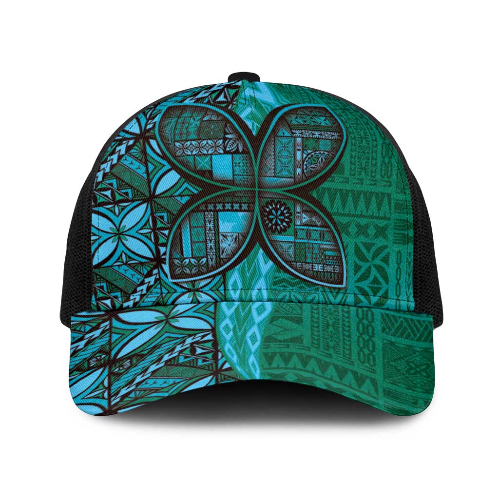 Samoan Pacific Tribal Flower Geometric Art Tattoos Baseball Net Cap Siapo Pattern Turquoise Tide - Polynesian Pride