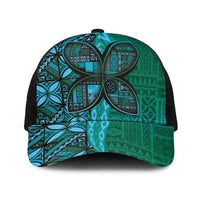 Samoan Pacific Tribal Flower Geometric Art Tattoos Baseball Net Cap Siapo Pattern Turquoise Tide - Polynesian Pride