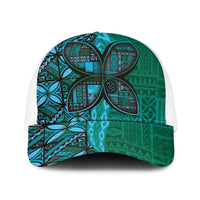 Samoan Pacific Tribal Flower Geometric Art Tattoos Baseball Net Cap Siapo Pattern Turquoise Tide - Polynesian Pride