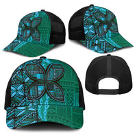 Samoan Pacific Tribal Flower Geometric Art Tattoos Baseball Net Cap Siapo Pattern Turquoise Tide - Polynesian Pride