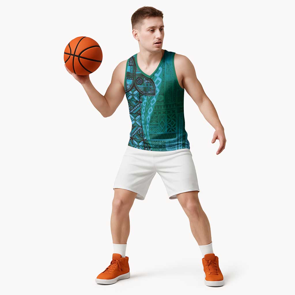 Samoan Pacific Tribal Flower Geometric Art Tattoos Basketball Jersey Siapo Pattern Turquoise Tide - Polynesian Pride