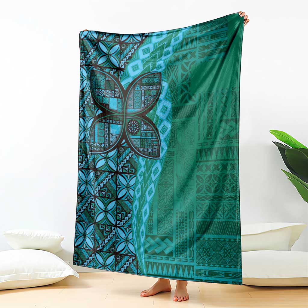 Samoan Pacific Tribal Flower Geometric Art Tattoos Blanket Siapo Pattern Turquoise Tide - Polynesian Pride