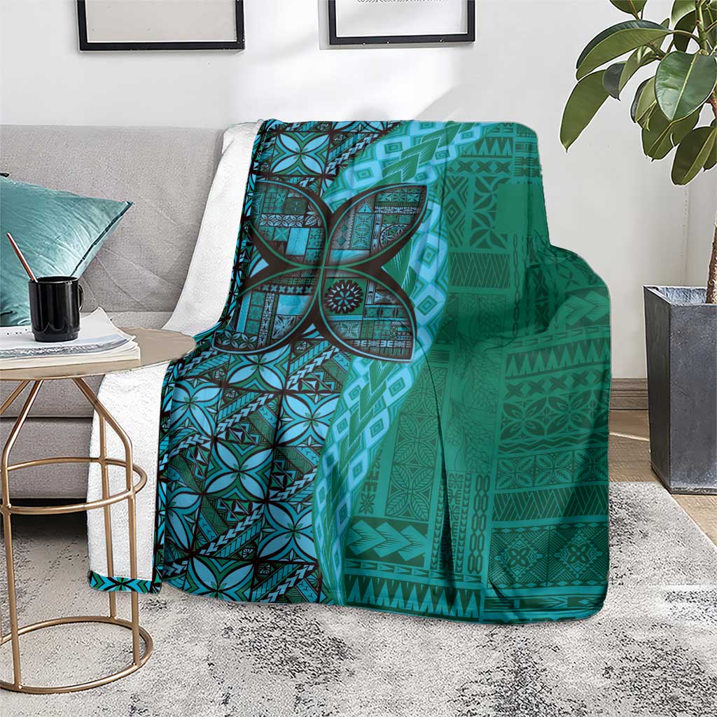 Samoan Pacific Tribal Flower Geometric Art Tattoos Blanket Siapo Pattern Turquoise Tide - Polynesian Pride