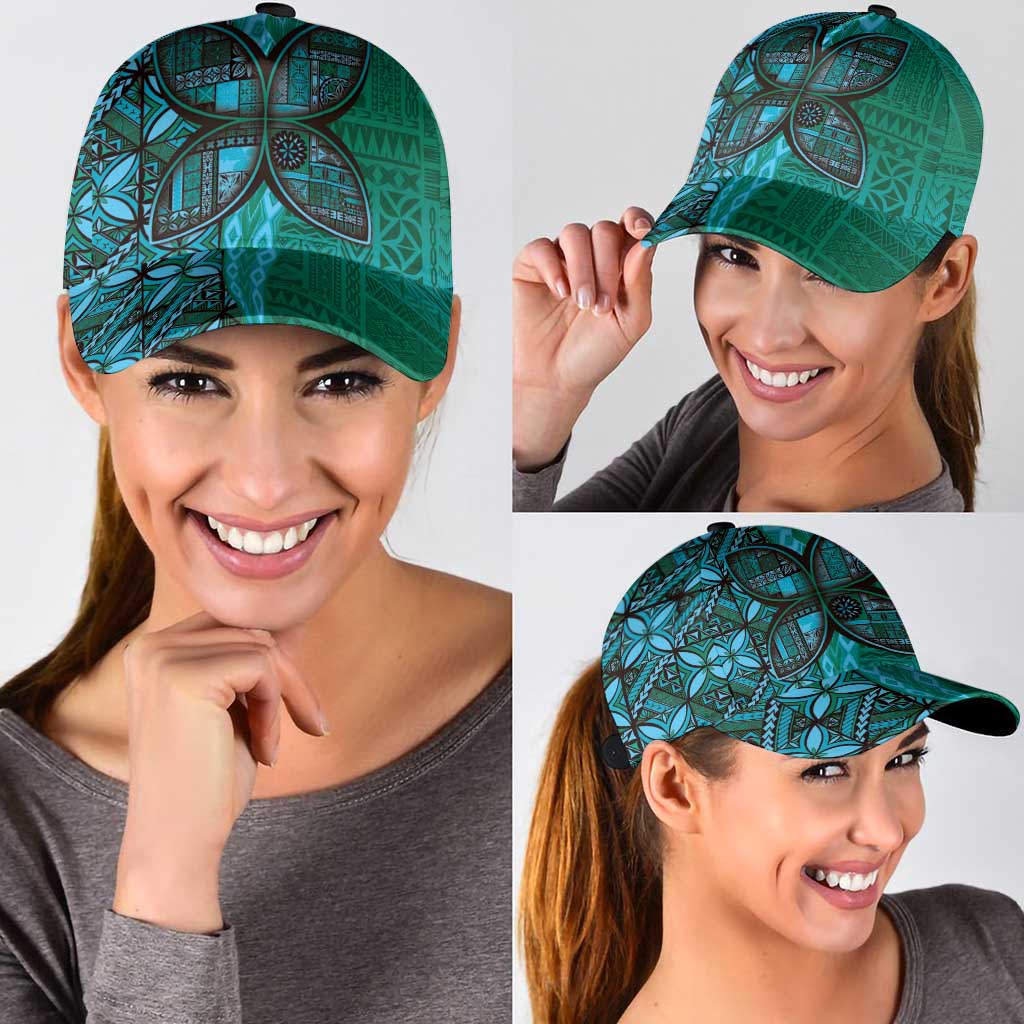 Samoan Pacific Tribal Flower Geometric Art Tattoos Classic Cap Siapo Pattern Turquoise Tide - Polynesian Pride