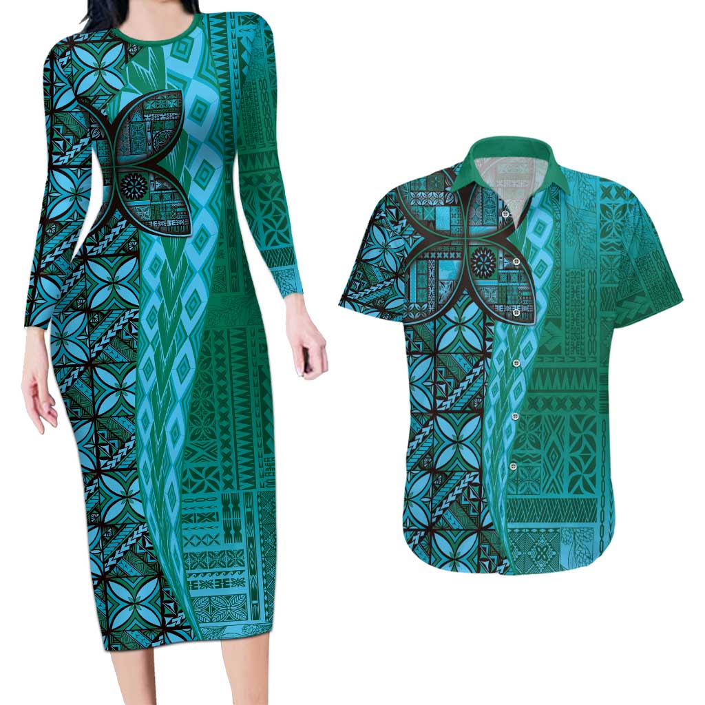 Samoan Pacific Tribal Flower Geometric Art Tattoos Couples Matching Long Sleeve Bodycon Dress and Hawaiian Shirt Siapo Pattern Turquoise Tide LT03 Turquoise - Polynesian Pride