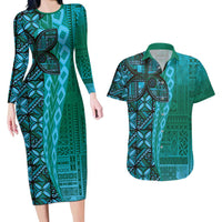 Samoan Pacific Tribal Flower Geometric Art Tattoos Couples Matching Long Sleeve Bodycon Dress and Hawaiian Shirt Siapo Pattern Turquoise Tide LT03 Turquoise - Polynesian Pride