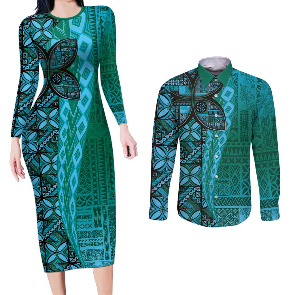 Samoan Pacific Tribal Flower Geometric Art Tattoos Couples Matching Long Sleeve Bodycon Dress and Long Sleeve Button Shirt Siapo Pattern Turquoise Tide LT03 Turquoise - Polynesian Pride
