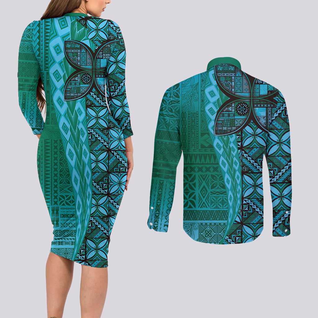 Samoan Pacific Tribal Flower Geometric Art Tattoos Couples Matching Long Sleeve Bodycon Dress and Long Sleeve Button Shirt Siapo Pattern Turquoise Tide LT03 - Polynesian Pride
