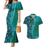 Samoan Pacific Tribal Flower Geometric Art Tattoos Couples Matching Mermaid Dress and Hawaiian Shirt Siapo Pattern Turquoise Tide LT03 Turquoise - Polynesian Pride