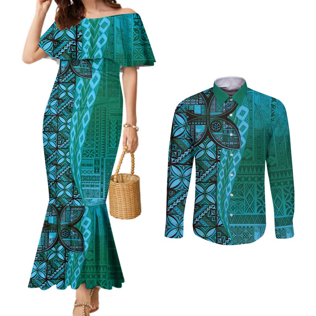 Samoan Pacific Tribal Flower Geometric Art Tattoos Couples Matching Mermaid Dress and Long Sleeve Button Shirt Siapo Pattern Turquoise Tide LT03 Turquoise - Polynesian Pride