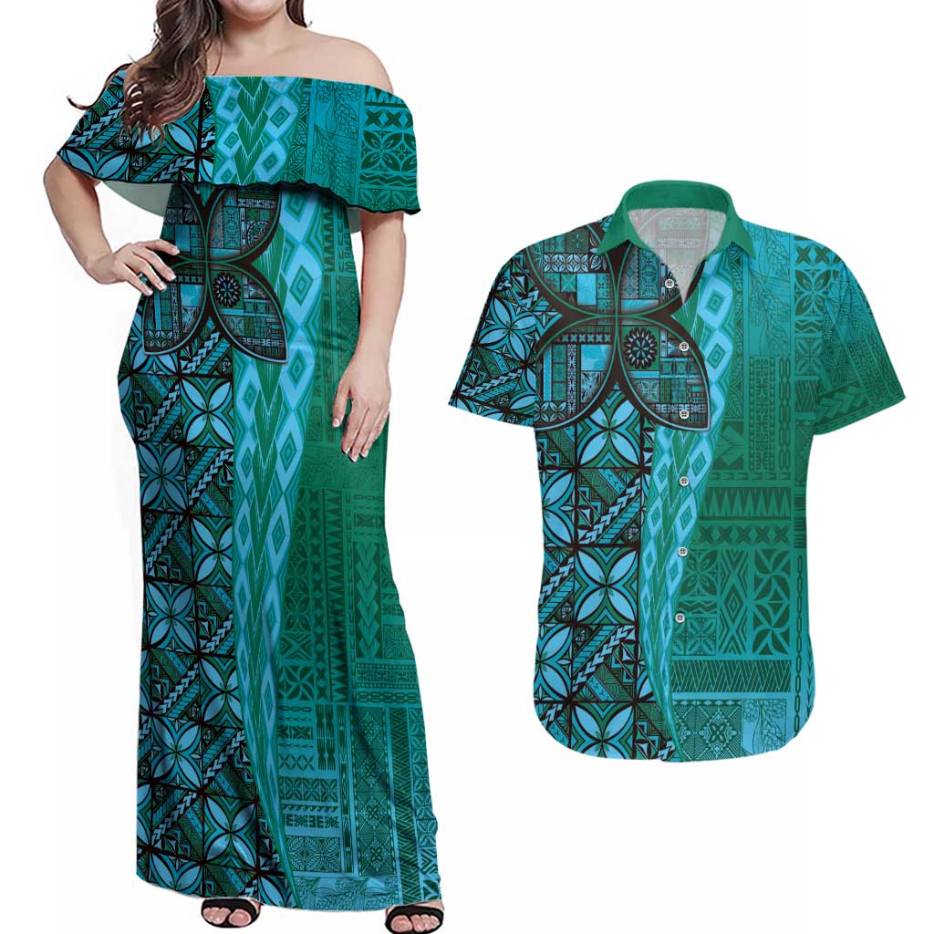 Samoan Pacific Tribal Flower Geometric Art Tattoos Couples Matching Off Shoulder Maxi Dress and Hawaiian Shirt Siapo Pattern Turquoise Tide LT03 Turquoise - Polynesian Pride