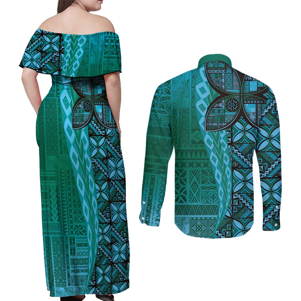 Samoan Pacific Tribal Flower Geometric Art Tattoos Couples Matching Off Shoulder Maxi Dress and Long Sleeve Button Shirt Siapo Pattern Turquoise Tide LT03 - Polynesian Pride