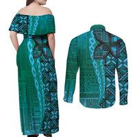 Samoan Pacific Tribal Flower Geometric Art Tattoos Couples Matching Off Shoulder Maxi Dress and Long Sleeve Button Shirt Siapo Pattern Turquoise Tide LT03 - Polynesian Pride