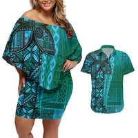 Samoan Pacific Tribal Flower Geometric Art Tattoos Couples Matching Off Shoulder Short Dress and Hawaiian Shirt Siapo Pattern Turquoise Tide LT03 Turquoise - Polynesian Pride