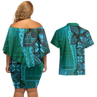 Samoan Pacific Tribal Flower Geometric Art Tattoos Couples Matching Off Shoulder Short Dress and Hawaiian Shirt Siapo Pattern Turquoise Tide LT03 - Polynesian Pride