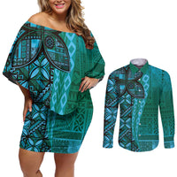 Samoan Pacific Tribal Flower Geometric Art Tattoos Couples Matching Off Shoulder Short Dress and Long Sleeve Button Shirt Siapo Pattern Turquoise Tide LT03 Turquoise - Polynesian Pride
