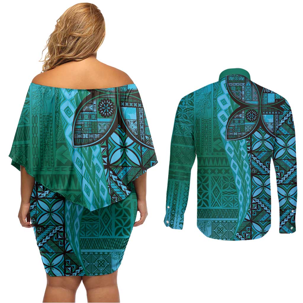 Samoan Pacific Tribal Flower Geometric Art Tattoos Couples Matching Off Shoulder Short Dress and Long Sleeve Button Shirt Siapo Pattern Turquoise Tide LT03 - Polynesian Pride