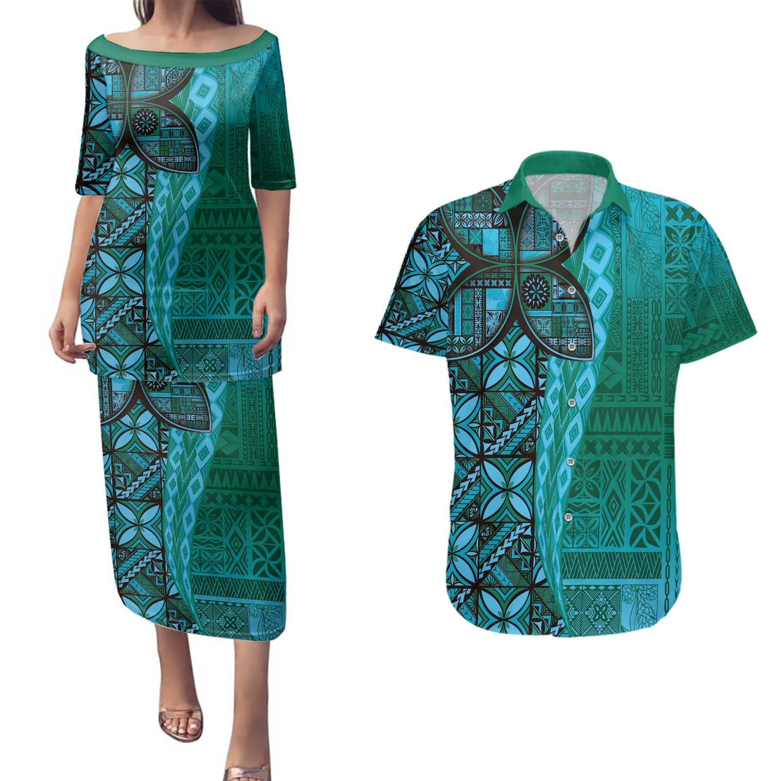 Samoan Pacific Tribal Flower Geometric Art Tattoos Couples Matching Puletasi and Hawaiian Shirt Siapo Pattern Turquoise Tide - Polynesian Pride