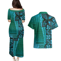Samoan Pacific Tribal Flower Geometric Art Tattoos Couples Matching Puletasi and Hawaiian Shirt Siapo Pattern Turquoise Tide LT03 - Polynesian Pride