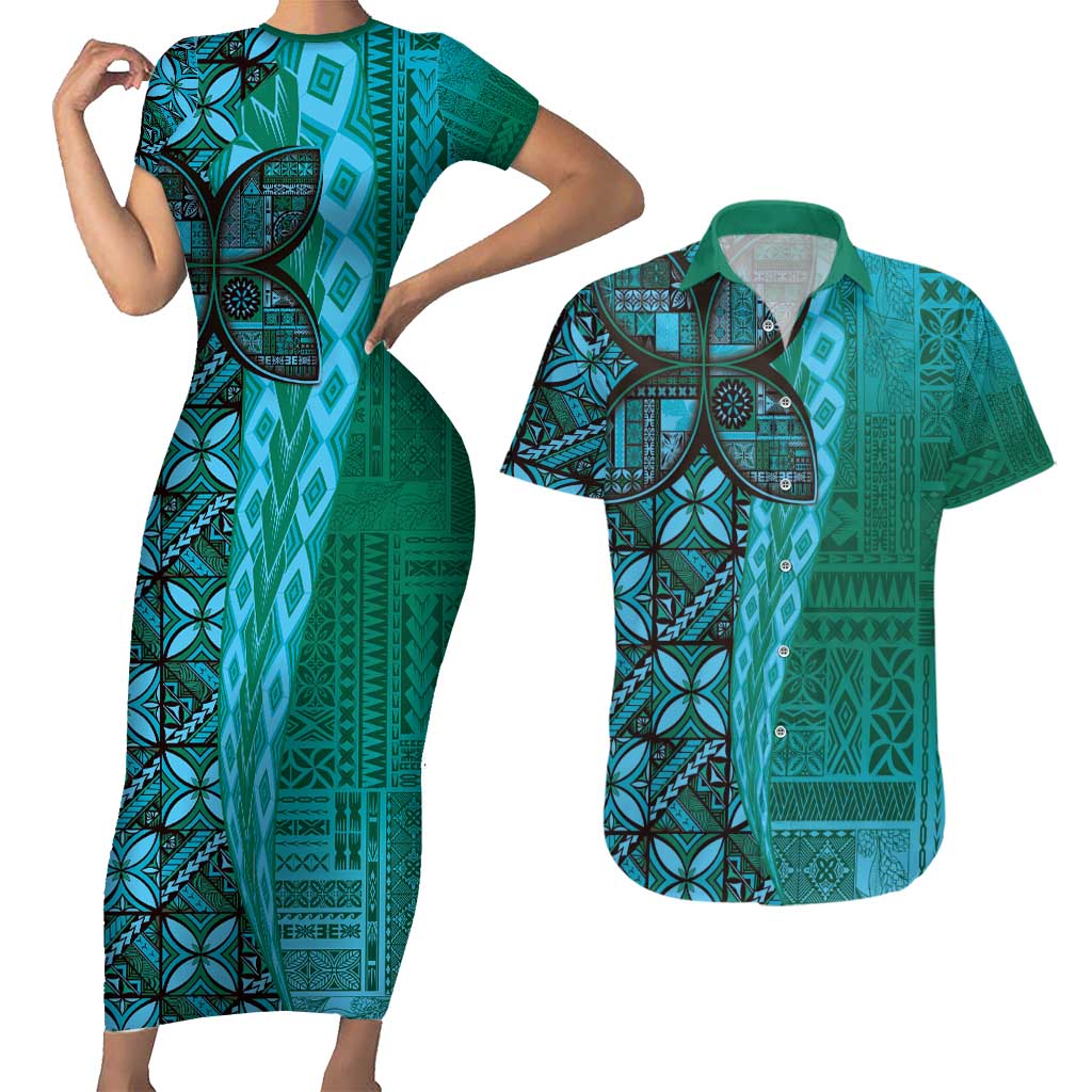 Samoan Pacific Tribal Flower Geometric Art Tattoos Couples Matching Short Sleeve Bodycon Dress and Hawaiian Shirt Siapo Pattern Turquoise Tide LT03 Turquoise - Polynesian Pride