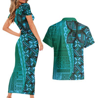 Samoan Pacific Tribal Flower Geometric Art Tattoos Couples Matching Short Sleeve Bodycon Dress and Hawaiian Shirt Siapo Pattern Turquoise Tide LT03 - Polynesian Pride