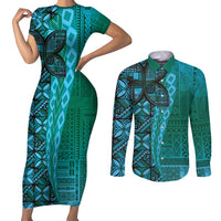 Samoan Pacific Tribal Flower Geometric Art Tattoos Couples Matching Short Sleeve Bodycon Dress and Long Sleeve Button Shirt Siapo Pattern Turquoise Tide LT03 Turquoise - Polynesian Pride