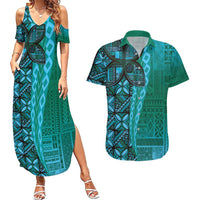 Samoan Pacific Tribal Flower Geometric Art Tattoos Couples Matching Summer Maxi Dress and Hawaiian Shirt Siapo Pattern Turquoise Tide LT03 Turquoise - Polynesian Pride
