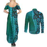 Samoan Pacific Tribal Flower Geometric Art Tattoos Couples Matching Summer Maxi Dress and Long Sleeve Button Shirt Siapo Pattern Turquoise Tide LT03 - Polynesian Pride