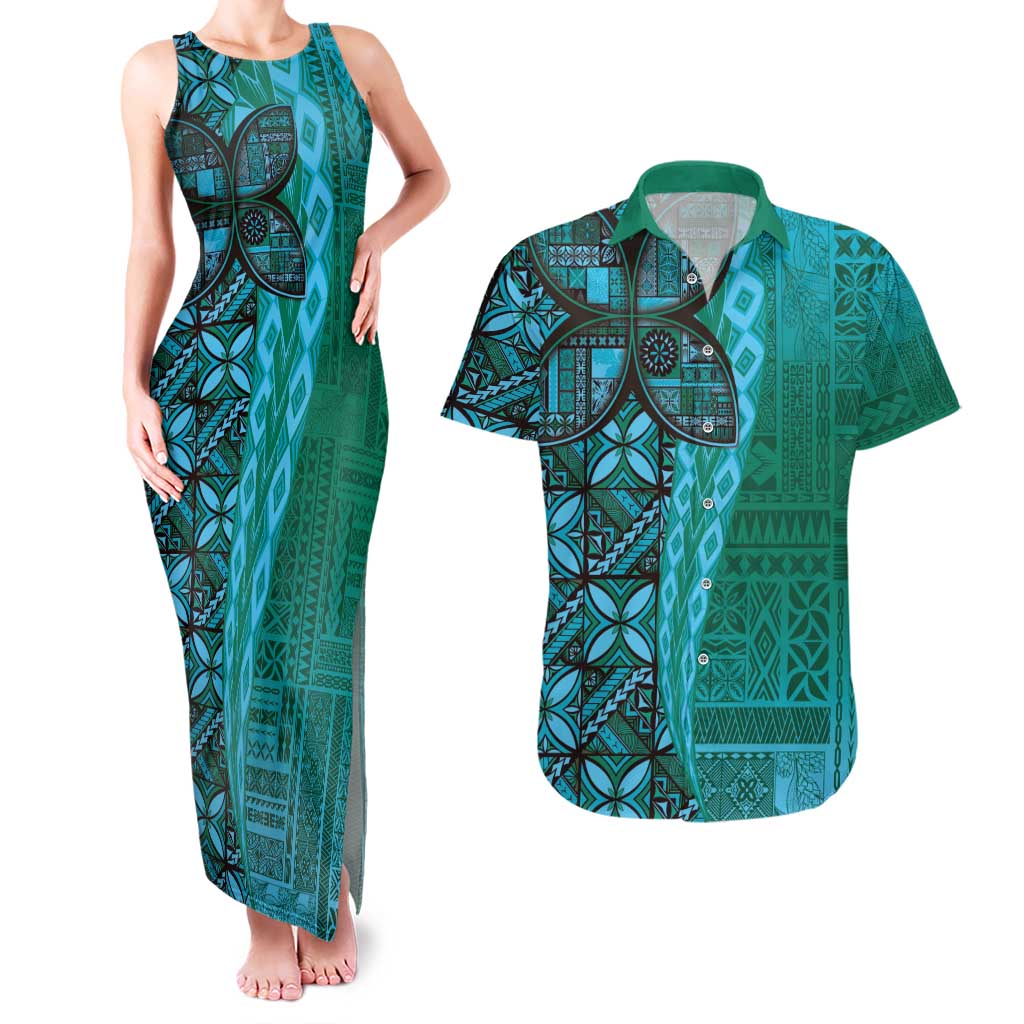 Samoan Pacific Tribal Flower Geometric Art Tattoos Couples Matching Tank Maxi Dress and Hawaiian Shirt Siapo Pattern Turquoise Tide LT03 Turquoise - Polynesian Pride