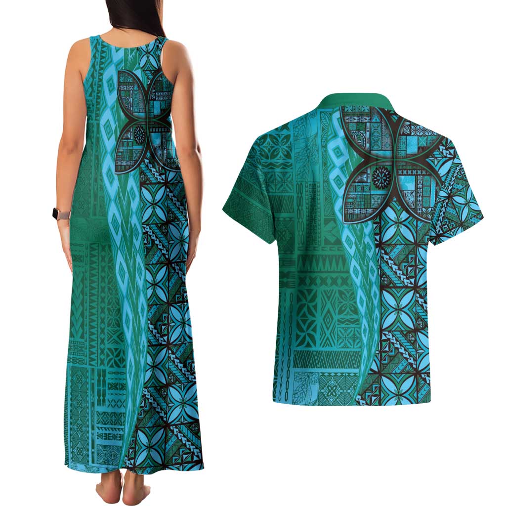Samoan Pacific Tribal Flower Geometric Art Tattoos Couples Matching Tank Maxi Dress and Hawaiian Shirt Siapo Pattern Turquoise Tide LT03 - Polynesian Pride
