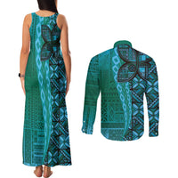 Samoan Pacific Tribal Flower Geometric Art Tattoos Couples Matching Tank Maxi Dress and Long Sleeve Button Shirt Siapo Pattern Turquoise Tide LT03 - Polynesian Pride