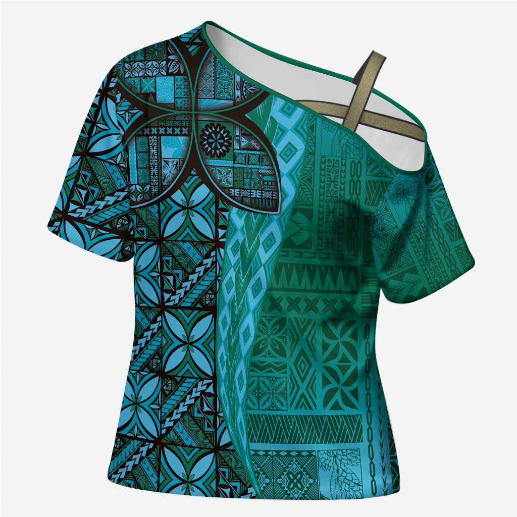 Samoan Pacific Tribal Flower Geometric Art Tattoos Cross Shoulder Shirt Siapo Pattern Turquoise Tide - Polynesian Pride